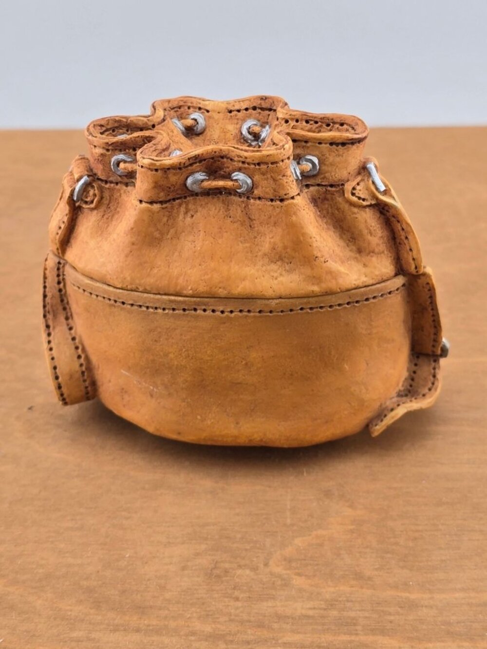 Vintage Raine Miniature Leather Bag Sculpture With Drawstring & Buckle Accents - Picture 5 of 12